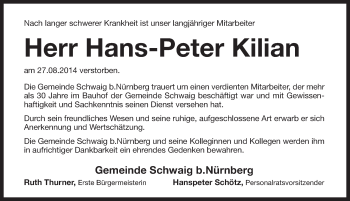 Traueranzeige von Erwin Kilian von Pegnitz-Zeitung